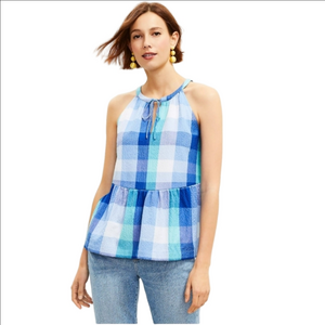 LOFT Shades Of Blue Plaid Seersucker Haltar Top Size Large